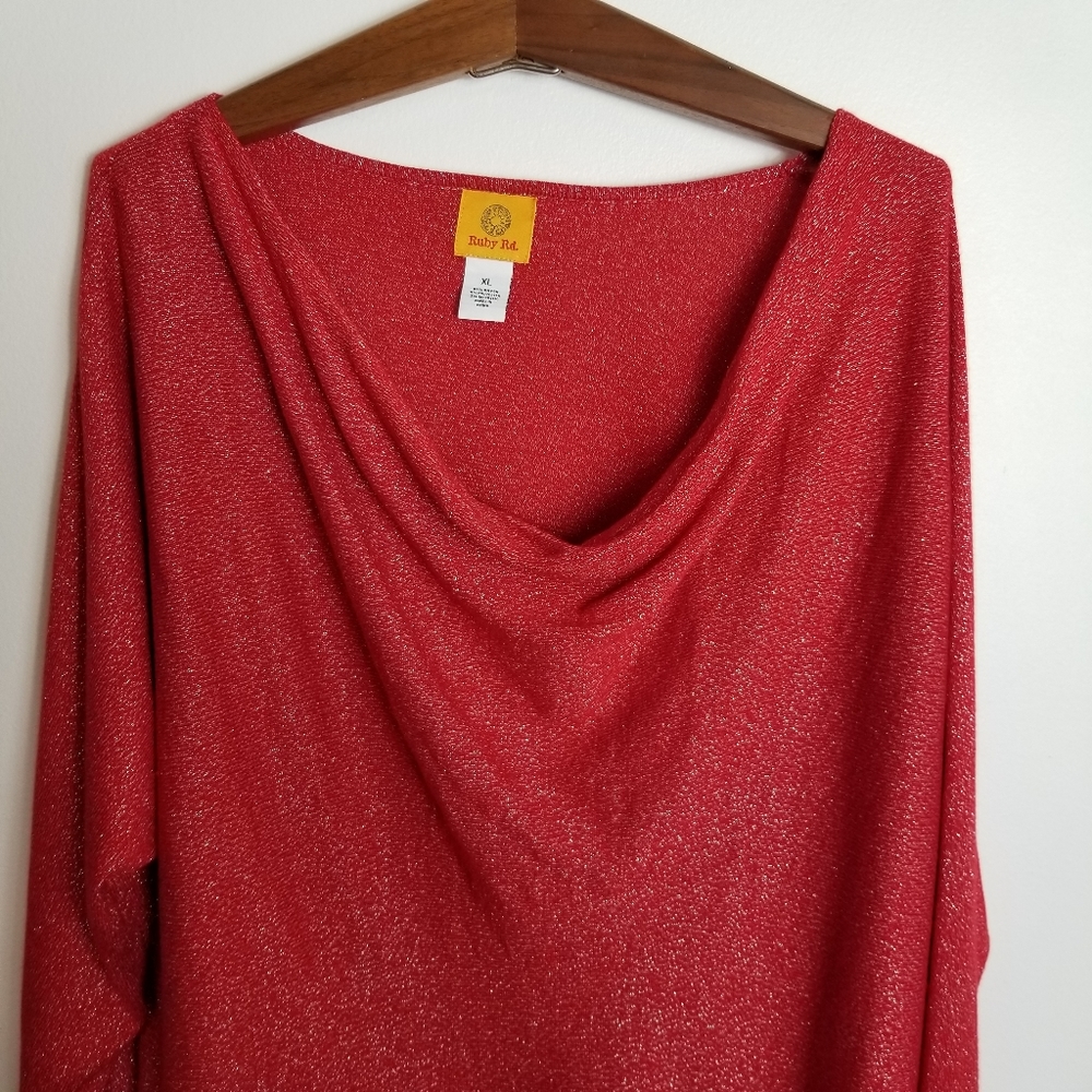 Ruby Rd Paint The Town Red Drape Neck Metallic Long Sleeve Top NWT - Picture 3 of 9